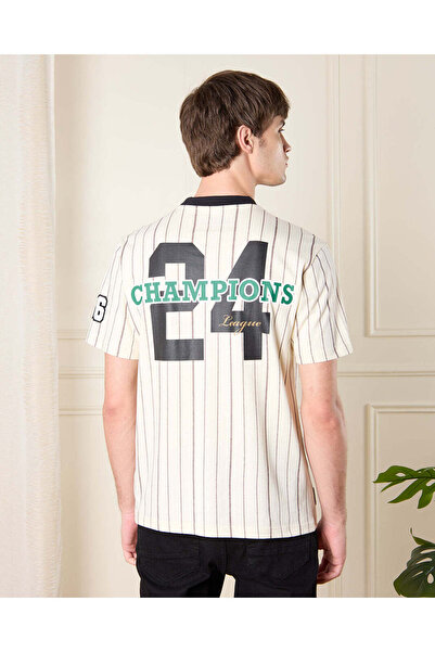 REDTAG Men Cream Baseball Striped T-Shirt