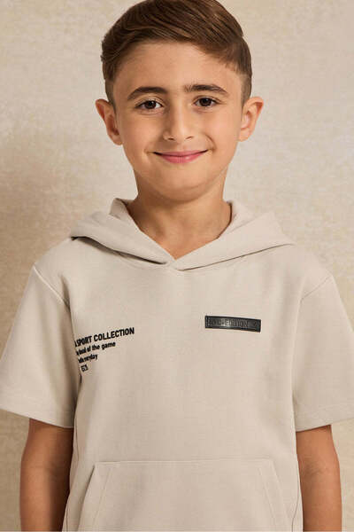 REDTAG Boys Ecru Hooded Short Sleeve T-Shirt