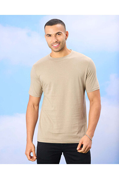 REDTAG Men Beige Basic Solid T-Shirt