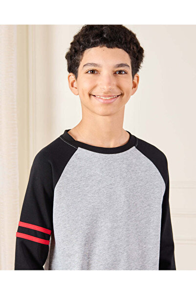 REDTAG Senior Boys Grey And Black Reglan T-Shirt