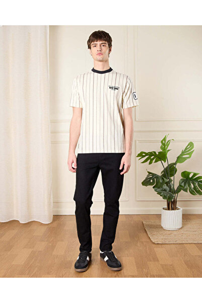 REDTAG Men Cream Baseball Striped T-Shirt