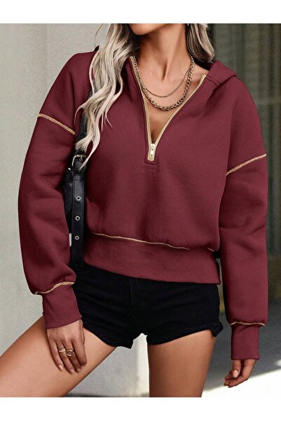 MOONBULL Women's Yellow Stitched Gold Half Zipper Detailed Hooded Sweatshirt