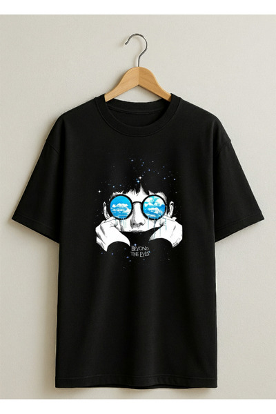 Beyond The Eyes Tasarım Siyah Oversize Unisex Tişört | Sanatsal Baskılı %100 Pamuklu T-Shirt