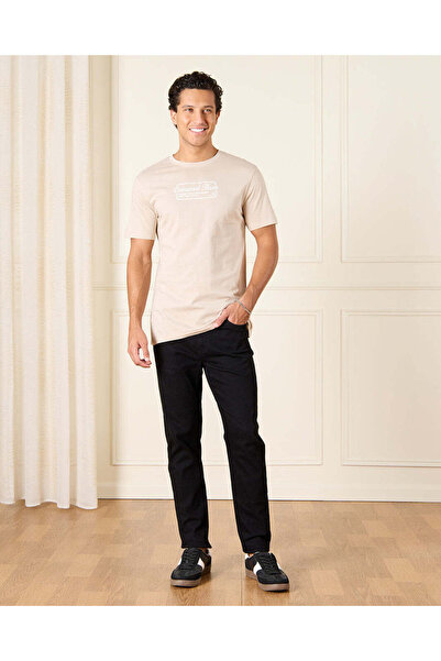 REDTAG Men Beige Basic Graphic T-Shirt