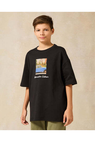 REDTAG Senior Boys Black Printed Oversize T-Shirt