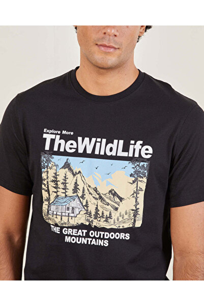 REDTAG Men Black Basic Graphic T-shirt