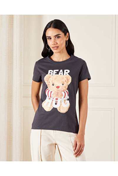 REDTAG Women Charcoal Printed T-Shirt