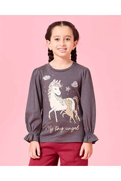 REDTAG Girls Charcoal Horse Placement Print T-Shirt