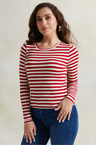 REDTAG Women Red And Ivory Long Sleeved T-Shirt