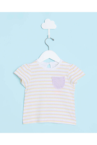REDTAG Infant Girls White And Yellow Striped T-Shirt