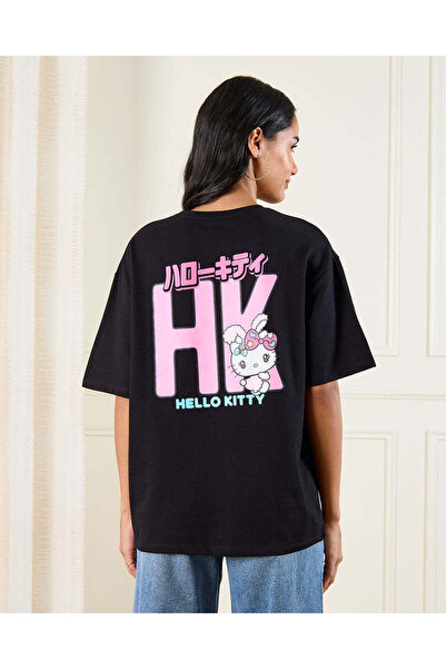 REDTAG تي شيرت نسائي أسود مطبوع كبير الحجم