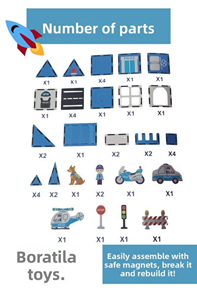 Boratila Toys Magnetic Building Blocks– Colorful 3-Dimensional 42-Piece Magnetic Block Police Theme Playset for Kids
