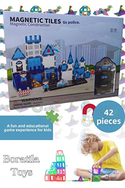 Boratila Toys Magnetic Building Blocks– Colorful 3-Dimensional 42-Piece Magnetic Block Police Theme Playset for Kids