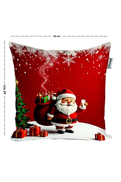 Sakallı New Year's Throw Pillow Case Set of 2 – Santa Claus and Snowman Pattern, Red and White Color