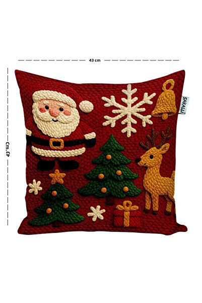 Sakallı Christmas-Themed Punch Embroidery-Style Santa Claus and Pine Tree Patterned Throw Pillow Cover