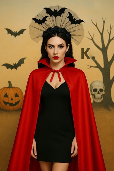 TOYFEST Σετ αποκριάτικου κόκκινου μανδύα και στέμμα με μαύρα τριαντάφυλλα – Σατανική στολή βαμπίρ