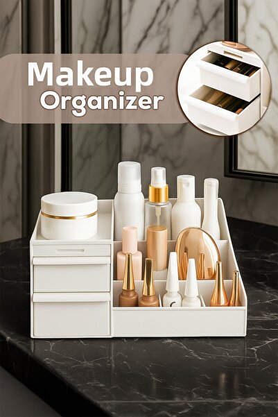 Porsima 5303 Multi-Purpose Organizer with 2 Drawers Cosmetic Perfume Cream Jewelry Makeup Organizer White