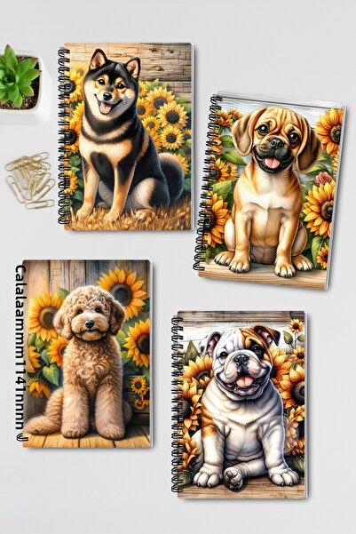 qoeuyl boutique Cute Breed Dogs Design Wirebound A5 Unlined 4-Piece Souvenir, Memory, School Notebook Set