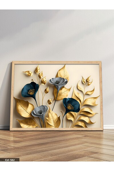 CeSht Tablou elegant cu flori aurii și albastre într-o singură bucată, cu rame din lemn