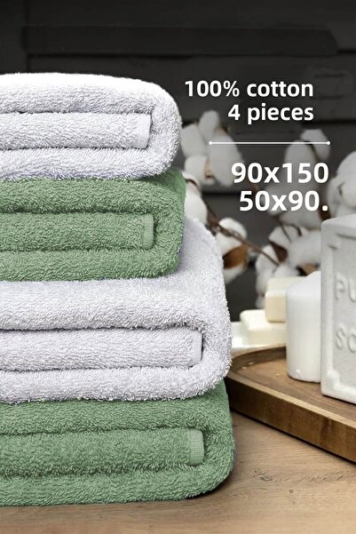 Mira Home طقم مناشف حمام مكون من 4 قطع، طقم مناشف قطنية كبيرة ناعمة مقاس 90 × 150 سم باللون الأبيض