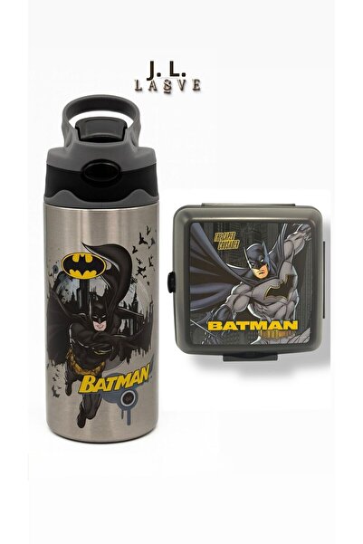 Batman New Season Licensed 500ml Steel Bottle with Straw in Special Box + Storage Container 4 Compartments 2 Layers