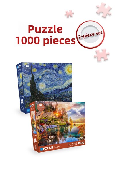Blue Focus 2 Piece 1000 Piece Puzzle - Starry Night and Mountain Houses Design