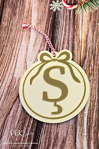 PEKSHOP Initial Letter Round Model Bow Christmas Tree Ornament - Gold Initial Letter and Bow Design New Year Ornament