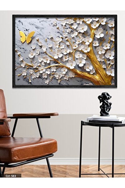 CeSht White Flower in Gold Branches One Piece Black Wooden Framed Painting
