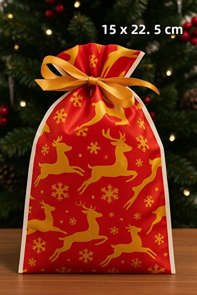 PEKSHOP Christmas Gift Bag Deer Pattern Large Size Christmas Gift Bag Pouch 15X22.5Cm Pack of 5