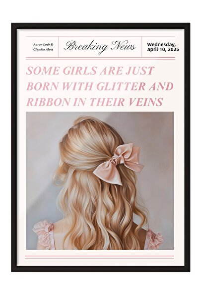 Zestia Tablou înrămat negru, păr blond cu panglică roz, poster decorativ pent...