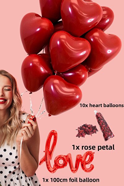 Baloncu Dede 10 Heart Balloons Love Written Balloons Dry Rose Petals Valentin...