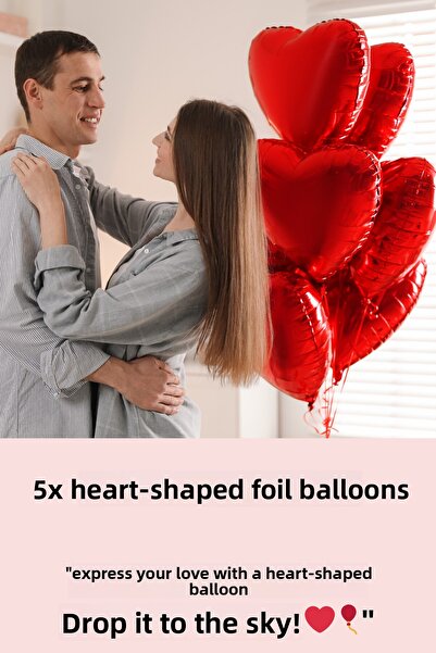 Baloncu Dede 5 Red Heart Foil Balloon Love and I Love You Foil Balloon Helium Compatible Valentine's Day