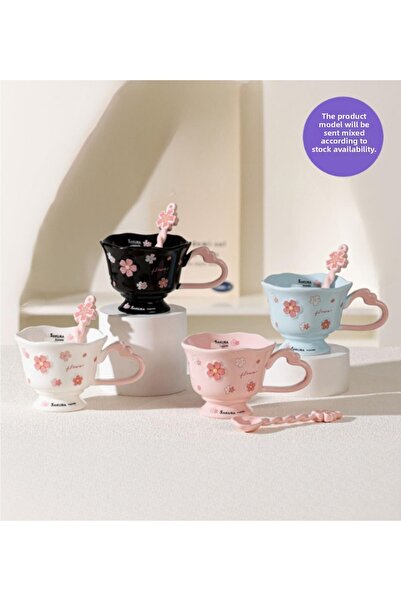 Dörtel Tedarik Sakura Flower Design Ceramic Mug with Spoon in Special Box 1972