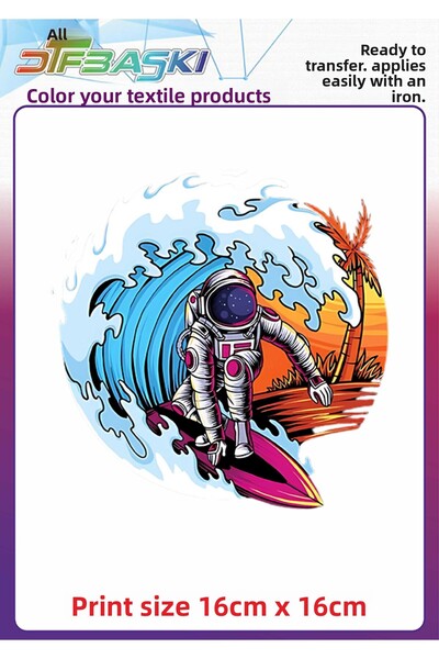 F17 Ajans ملابس قماشية مطبوعة بتقنية DTF بتصميم رائد فضاء يركب لوح ركوب الأمواج