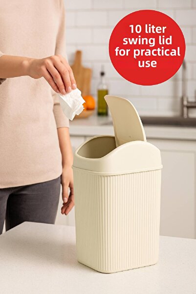 Open Home Concept 10 Lt Trash Can, Kitchen, Bathroom, Toilet, Office Trash Can Cream