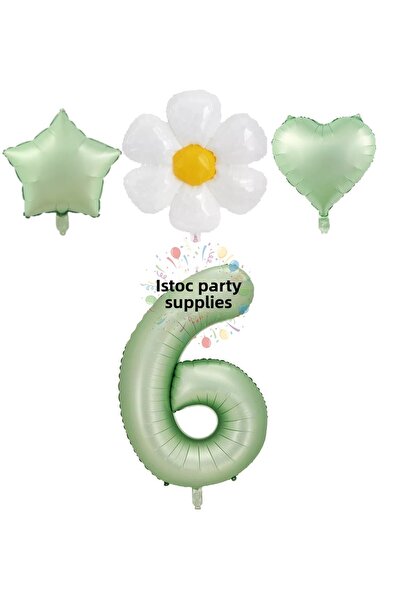 İSTOÇ PARTİ Water Green Color Number Star Heart and Daisy Foil Balloon Set Age 6