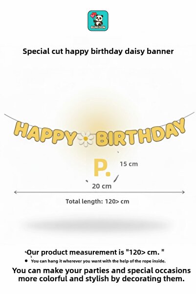 Bunloon Custom Cut Happy Birthday Daisy Banner – 120> cm Yellow White Birthday and Party Decoration