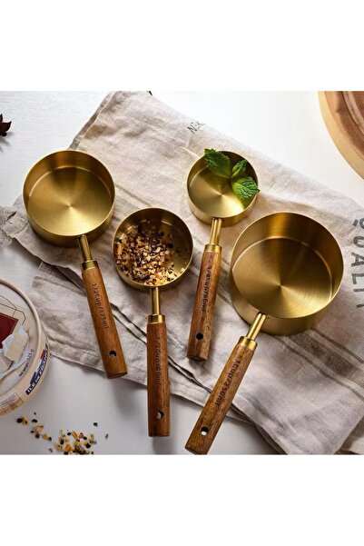 mucit home 4-Piece Large Size Gold Stainless Steel Wooden Handle Measuring Spoon