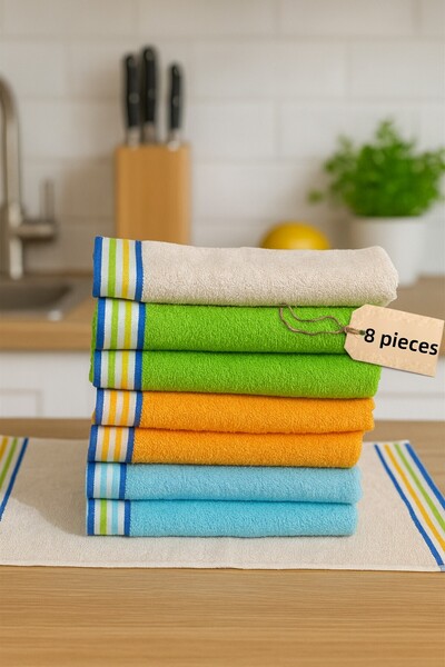 Mokita Home 100% Cotton 8-Piece Kitchen/Hand Towel Set 30X50 cm – Boucle Weave, Colored Border