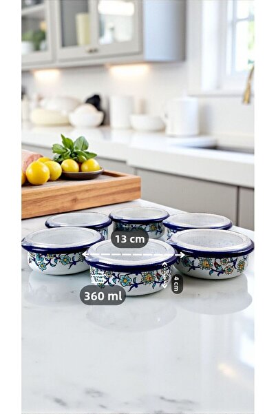 İnci Emaye 6 Piece Medium Size, with Lid, Patterned Enamel Breakfast Set, Presentation, Breakfast Plate, Jam Bowl, Olive