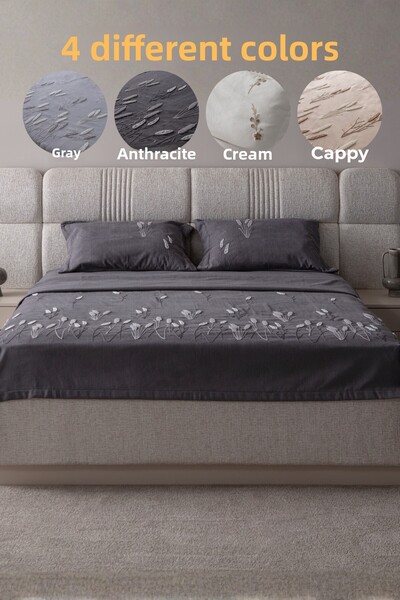 BUGİ HOME COLLECTİON Willow Breeze Pattern Double Size Embroidered Bedspread Set Chenille Fabric Punch Embroidered 240X260Cm