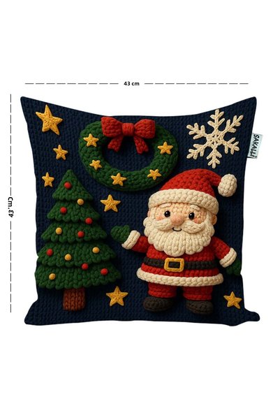 Pillow Home Christmas Themed Digital Printed Throw Pillow Cover with Punch Look Santa Claus and Pine Tree Pattern