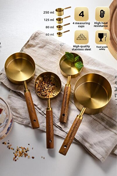 DEMPOWER Set of 4 Gold Stainless Steel Measuring Cups with Wooden Handles