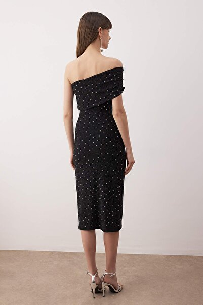 Trendyol Collection Black Stone Printed One Shoulder Knitted Midi Unlined Dress Tpraw26El00061