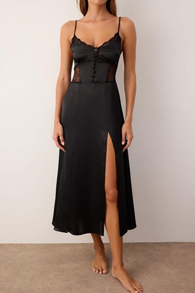 Trendyol Collection Black Lace and Slit Detailed Satin Woven Nightgown Thmaw26Gc00007