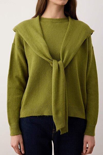 Trendyol Collection Oil Green Soft Textured Wide Fit Shawl Knitwear Sweater Twoaw26Kz00166
