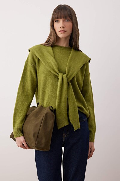 Trendyol Collection Oil Green Soft Textured Wide Fit Shawl Knitwear Sweater Twoaw26Kz00166