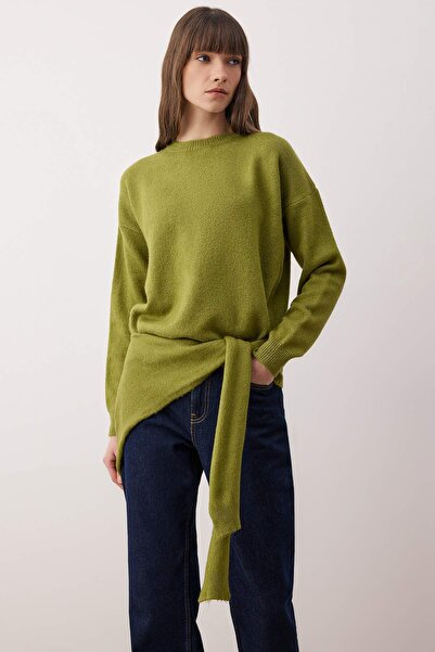 Trendyol Collection Oil Green Soft Textured Wide Fit Shawl Knitwear Sweater Twoaw26Kz00166