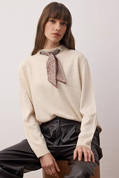 Trendyol Collection Pulover tricotat cu guler eșarfă bej TWOAW26KZ00271