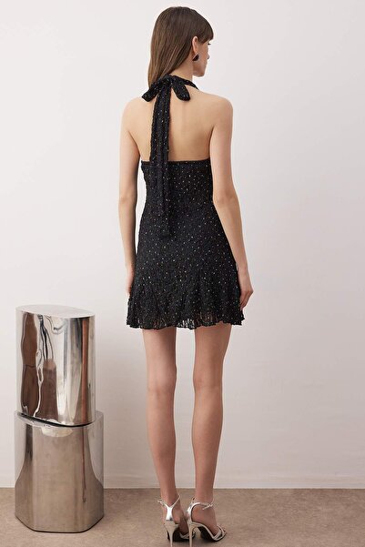 Trendyol Collection Black Straight Halter Stone Printed Lace Short / Mini Lined Dress Tpraw26El00095